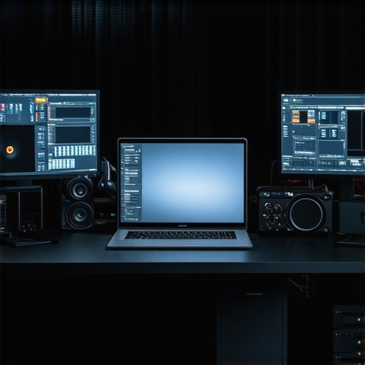 A professional creator's streaming workstation featuring high-performance laptop, external GPU, multiple monitors, and studio lighting