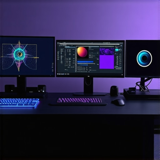 Advanced Creator Workflow Setup A sleek professional workspace with calibration tools and high-end peripherals for content creation