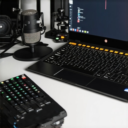 Modern content creator workspace with high-tech equipment for podcasting and streaming.