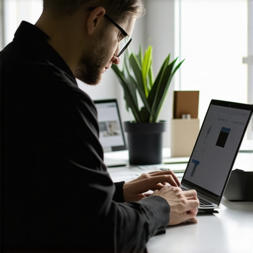 A person working on a sleek laptop with external monitor and drawing tablet in a well-lit, ergonomic studio.