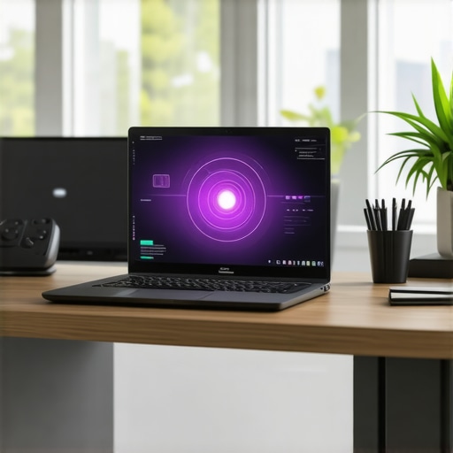 Futuristic creative workspace with advanced AI-powered laptop and holographic interfaces.