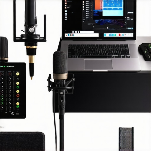 A sleek workspace with a creator's laptop connected to professional audio and video equipment