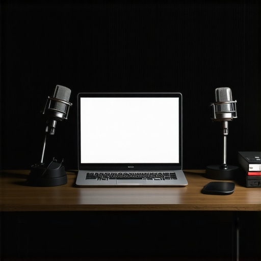 Modern Creator Workstation with Cutting-Edge Equipment A professional creator workstation featuring the latest laptops, microphones, and external storage devices