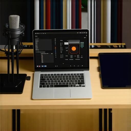 Optimized Content Creation Workspace A creative professional's workspace featuring a high-end laptop, external display, graphics tablet, and microphone, emphasizing efficiency and creativity