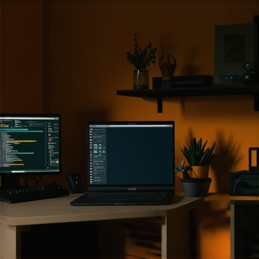 Optimized Creator Workspace with High-End Laptop A creator's workspace featuring a powerful laptop, dual monitors, and creative tools