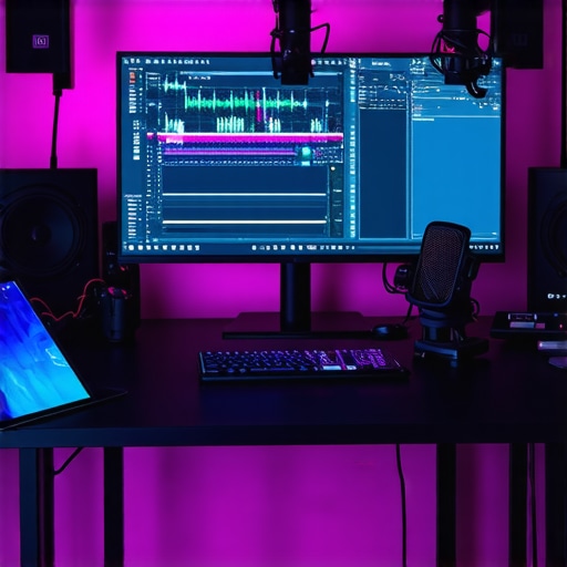 A modern, professional creator workstation with advanced hardware and peripherals for content creation.