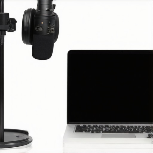 Modern podcasting workspace with laptop and microphones
