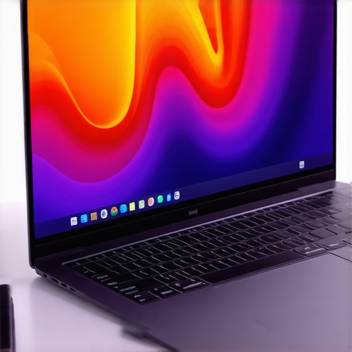 A high-end creator laptop with multiple ports on a sleek desk, showcasing its display and connectivity features.
