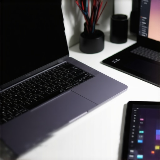 A creative professional's workspace showing a high-performance laptop, graphics tablet, and editing tools.