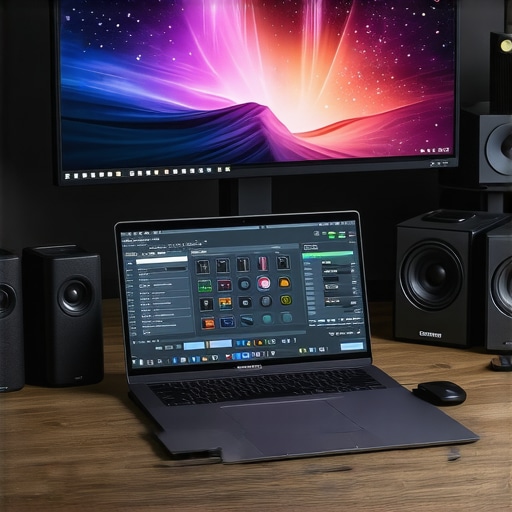 Modern workspace featuring a creator's laptop, external monitor, and accessories for streaming and editing