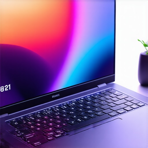 A high-end creator laptop on a workspace showing its screen and ports