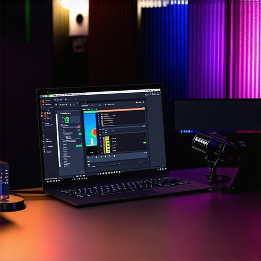 A professional creator setup with a high-end laptop, dual monitors, microphone, and editing software