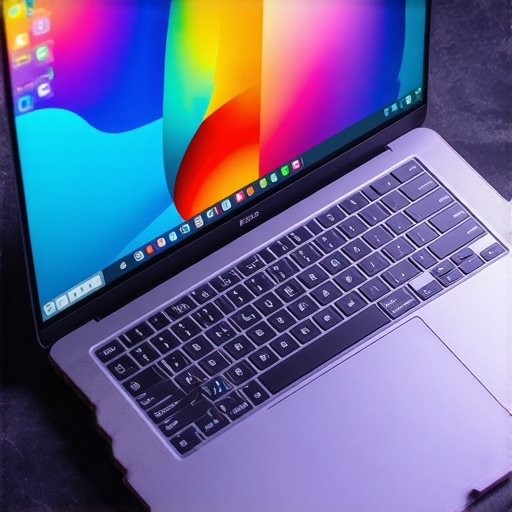 A sleek creator laptop displaying vibrant design software in a professional workspace.