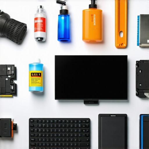 Tools and equipment for maintaining a creator's laptop, including cleaning supplies and external drives.