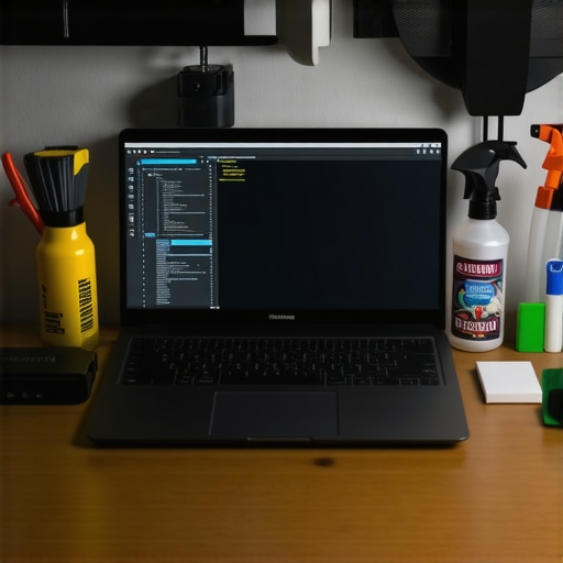 A workspace showing a creator maintaining their laptop with tools and software monitoring