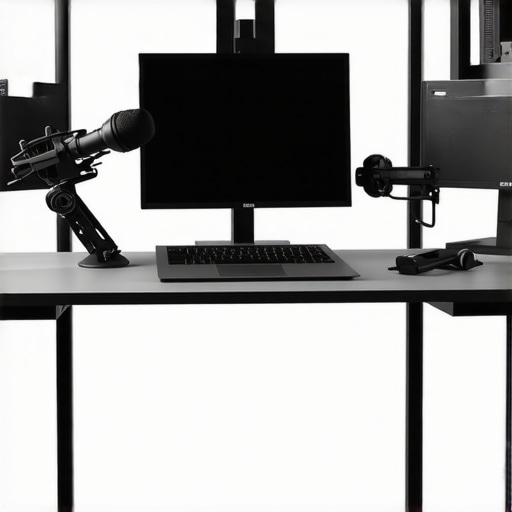 A professional creator workspace featuring a powerful laptop, microphone, and drawing tablet.