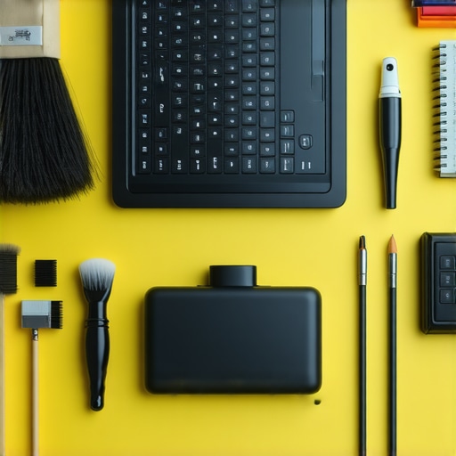 A creator's workspace with laptop cleaning tools and checklists for system upkeep