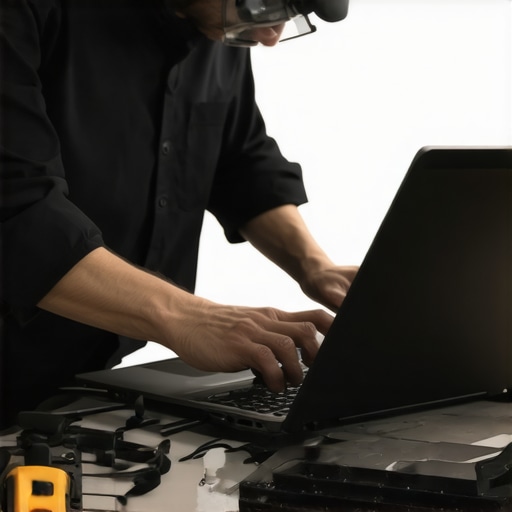 Maintaining Creator Laptop Performance Technician clearing dust from a creator laptop's vents with compressed air.