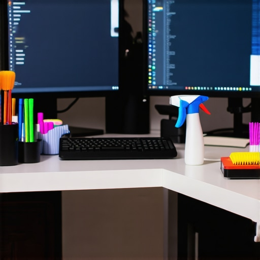 A tech workspace with cleaning tools and monitors showing a well-maintained editing setup