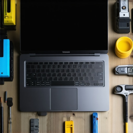 A creator laptop being cleaned and maintained in a modern workspace with tools and dust removal equipment.