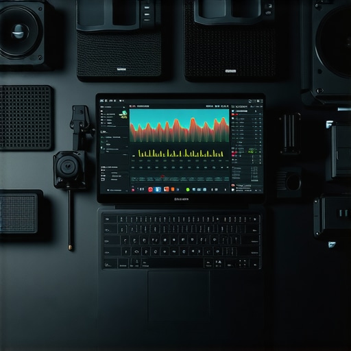 A professional creator laptop running performance monitoring software alongside cooling pads and streaming gear, representing Lag-Free Content Creation.