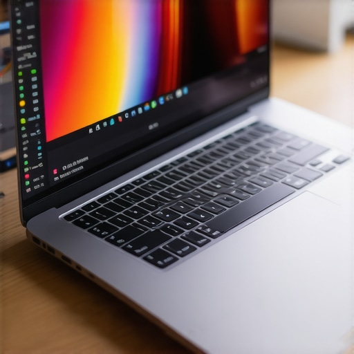 A sleek creator laptop showing vivid colors on the display, with thermal vents visible.