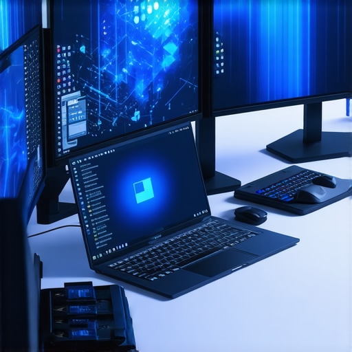 High-performance AI workstation setup Laptop setup with external monitors and cooling accessories for AI processing