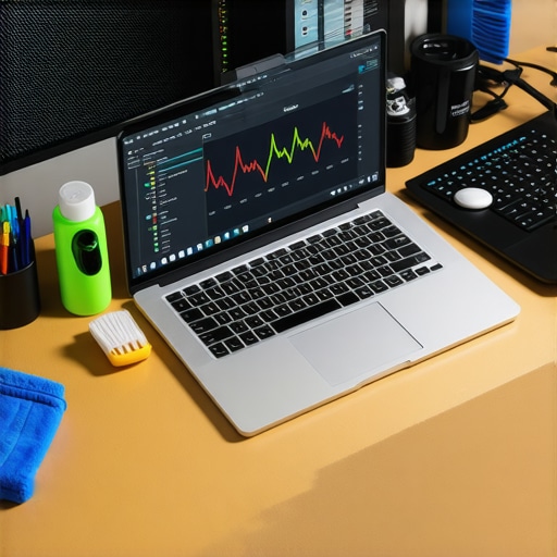 A professional creator's desk showing a laptop, compressed air can, and hardware monitoring app.