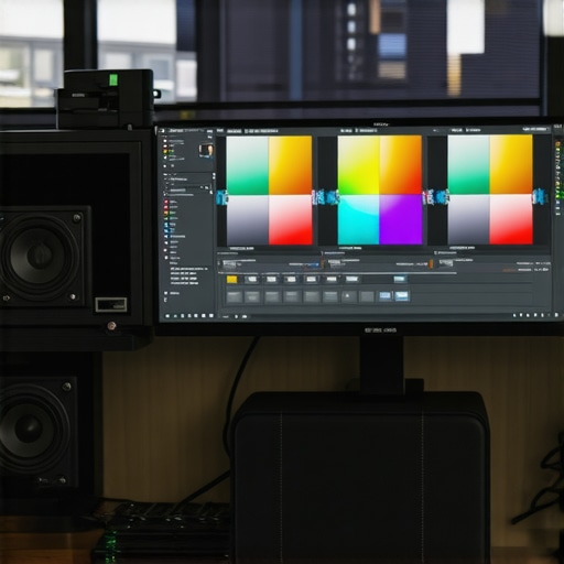 Close-up of a creator's workspace featuring a calibrated HDR monitor displaying color test charts for accurate color management.