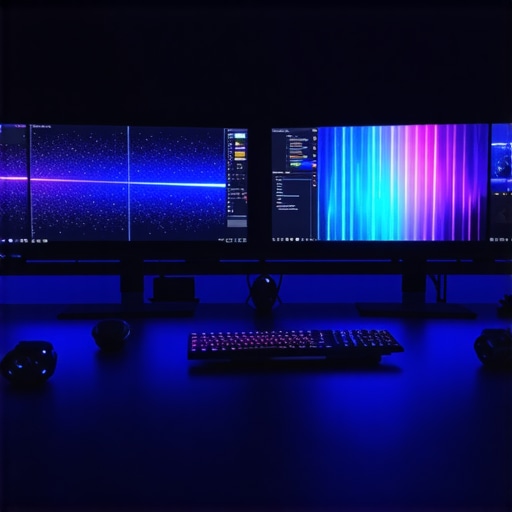 A modern workstation featuring dual ultra-high-definition monitors, liquid cooling, and powerful hardware in an office environment.