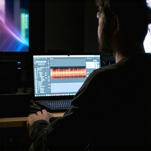 A content creator's workspace showing a powerful laptop with multi-monitor setup and professional audio equipment.