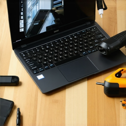 Person cleaning and maintaining their creator laptop with compressed air and tools.