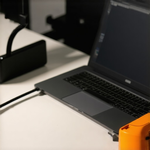 Person cleaning a creator laptop's vents with compressed air in a professional studio environment.