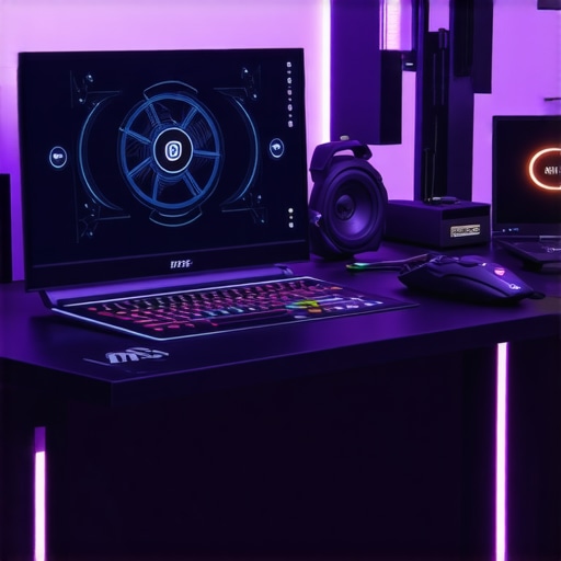 A creator's workspace showing a laptop on a cooling pad with performance monitoring displays