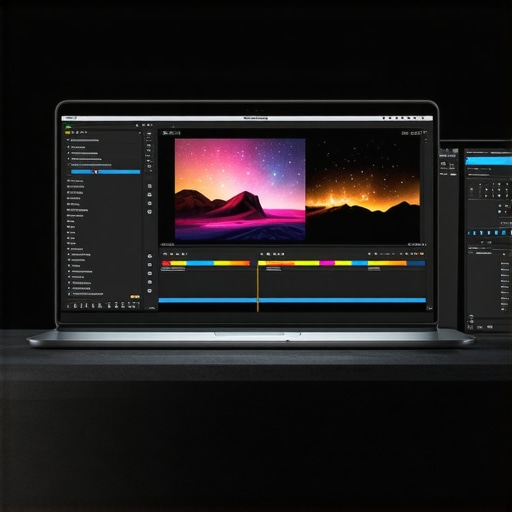 A professional creator laptop displaying editing software with vibrant color grading
