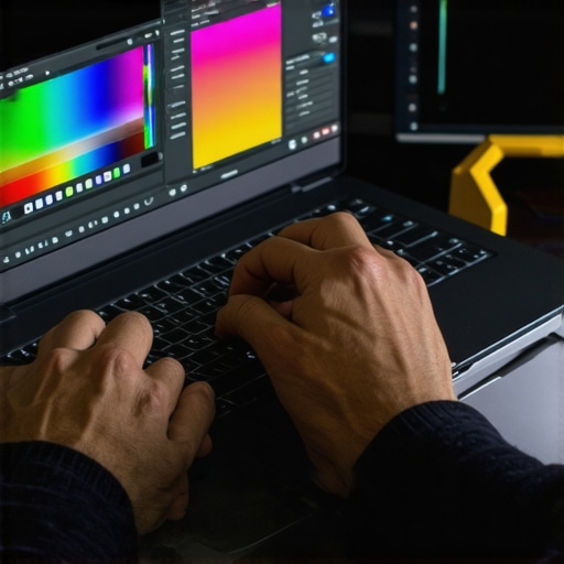 Person calibrating a laptop screen using a colorimeter in a studio setting.
