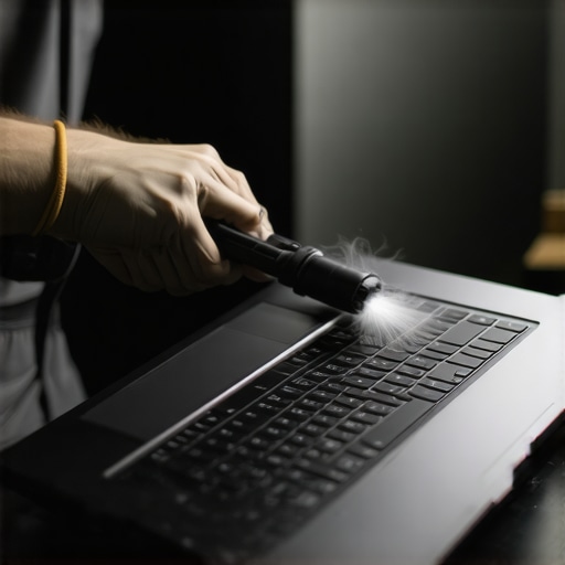 Cleaning a Creator Laptop to Maintain Performance Technician cleaning dust from a creator laptop's vents with compressed air for optimal performance