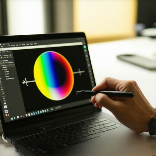 Technician calibrating a laptop display with a colorimeter device