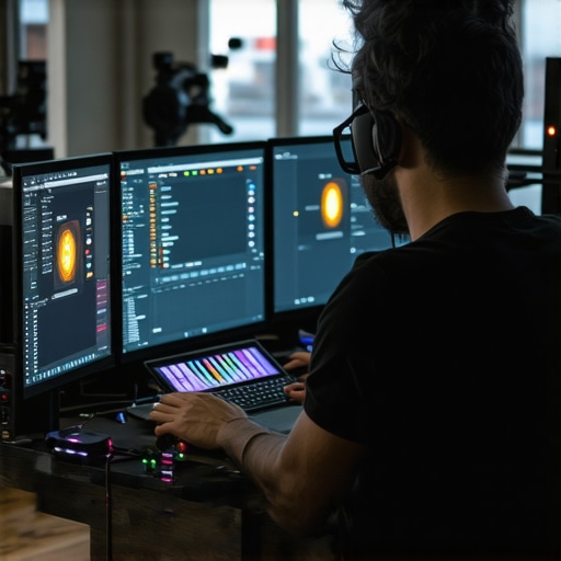A creator working in a studio environment on a powerful laptop with multiple screens and audio gear