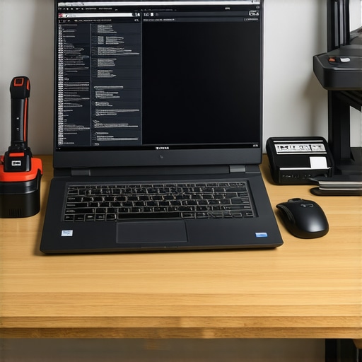 A clean, organized workspace featuring a high-performance laptop, dusting tools, and diagnostic software open on the screen.