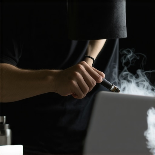 Creator maintaining their laptop to ensure peak performance Person cleaning a laptop's vents with compressed air in a clean workspace.