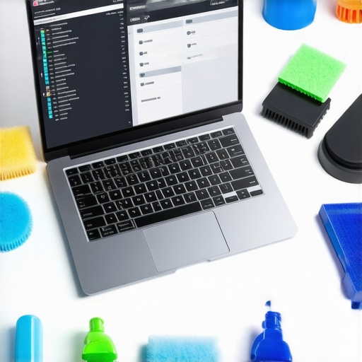 A workspace with a creator's laptop being serviced with diagnostic tools and cleaning supplies.