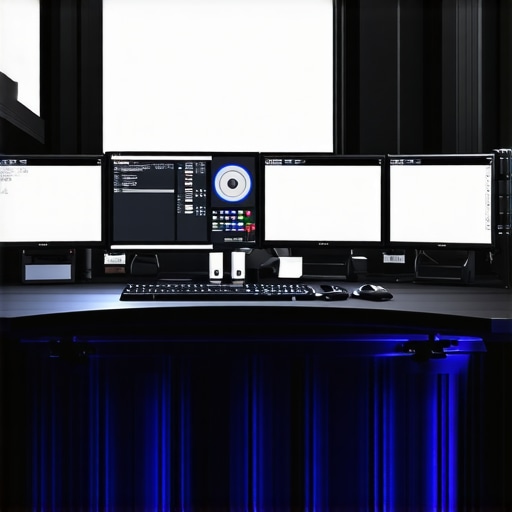A professional creator's workstation featuring multiple monitors, cooling systems, and high-performance components.
