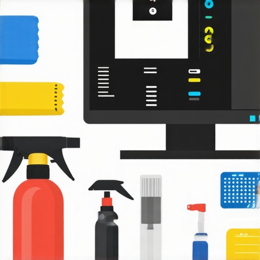 A workspace setup showing tools for maintaining a creator laptop, including cleaning supplies and hardware monitors.
