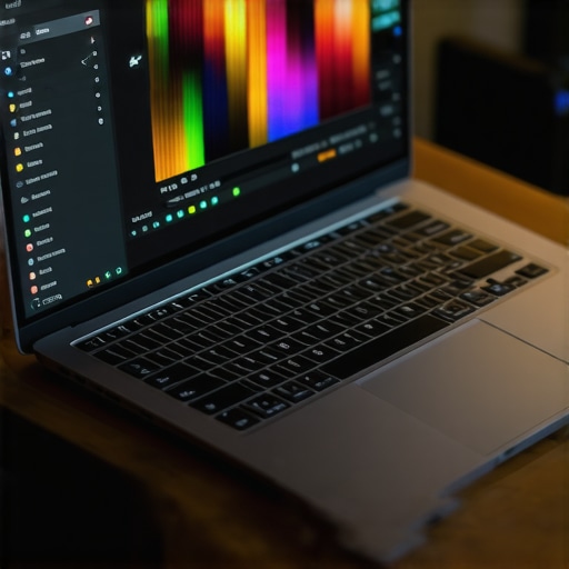 A professional editing laptop with dual monitors and colorful timeline on screen