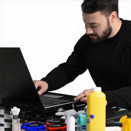 Laptop Maintenance Tools in Use Person cleaning and inspecting a creator laptop with diagnostic tools and compressed air