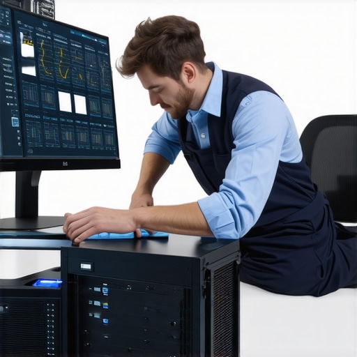 Technician cleaning and monitoring a creator laptop in a studio environment.