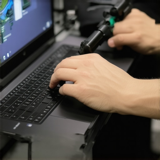 Laptop Maintenance in Action User cleaning dust from a creator laptop's vents with compressed air.