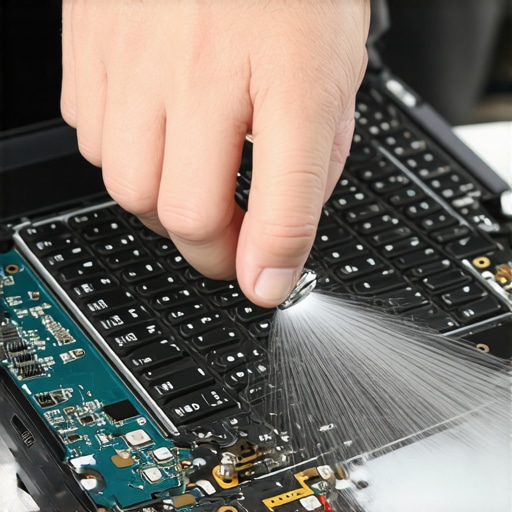 Laptop Maintenance in Action Technician cleaning dust from a laptop's internal cooling system using compressed air.