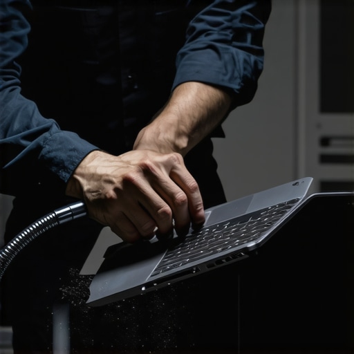Laptop Maintenance in Action Technician cleaning a creator laptop with compressed air to prevent dust buildup and overheating.
